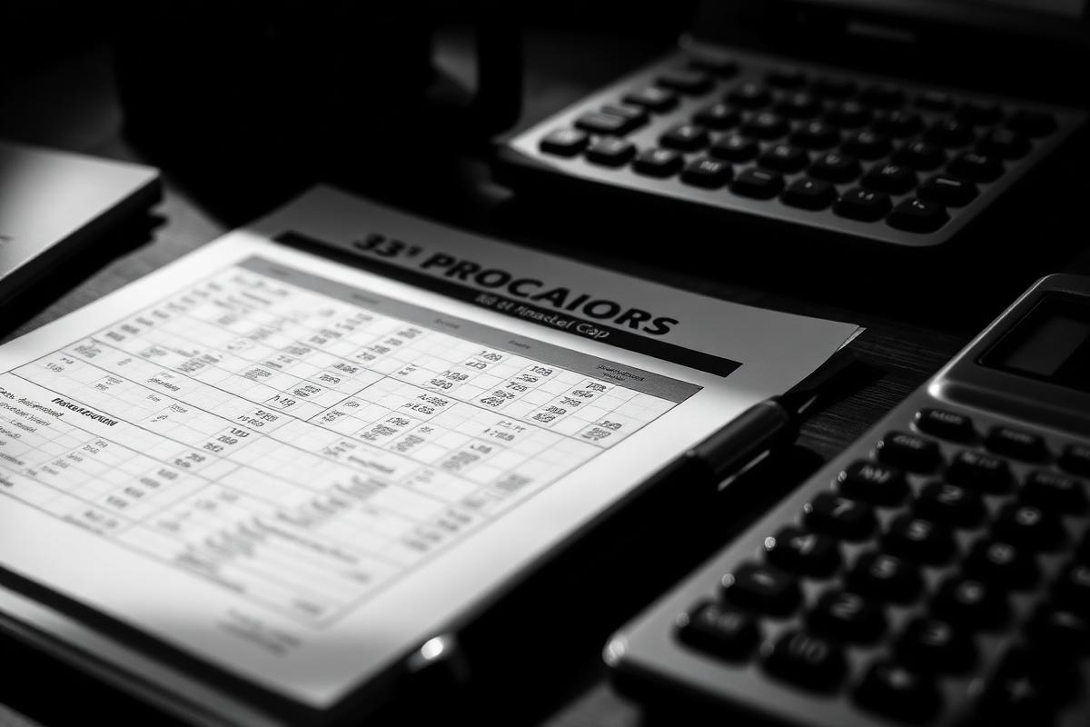 Nahaufnahme eines Beteiligungsprospekts mit Tabellen, Stift und Taschenrechner