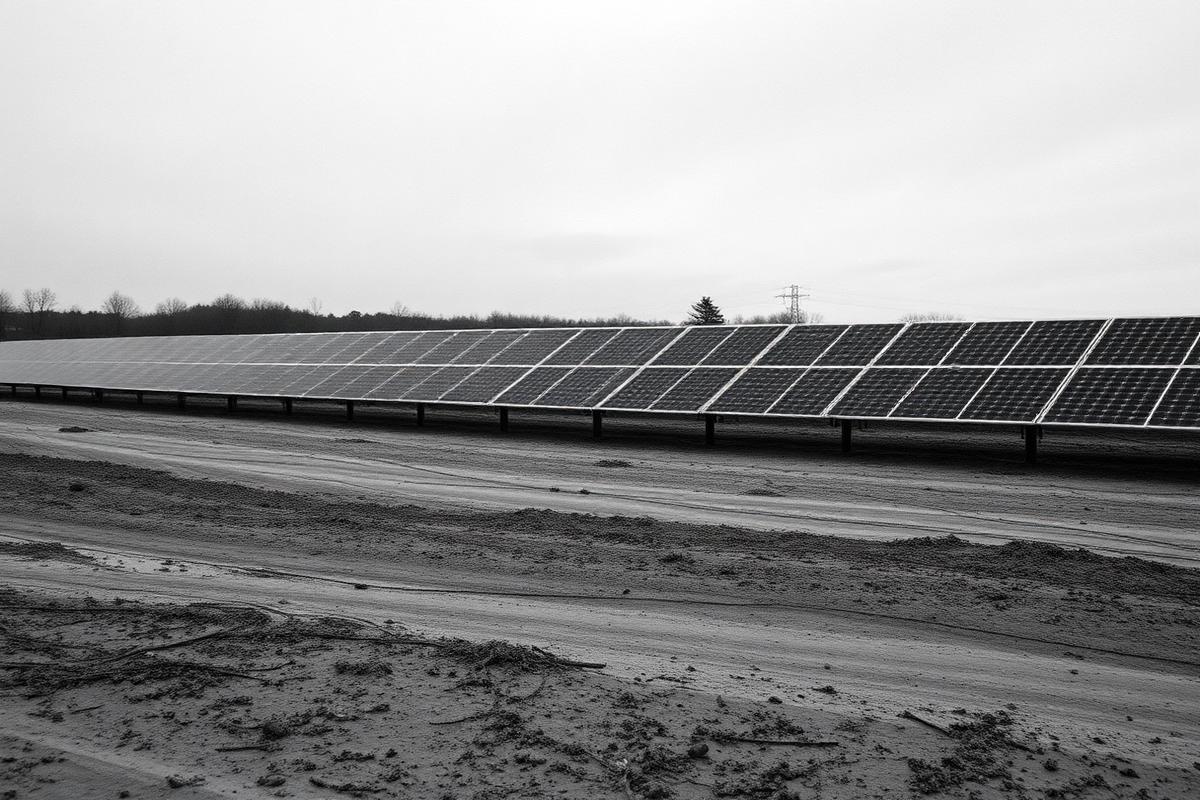 Teilweise errichtetes Photovoltaik-Feld auf matschigem Boden